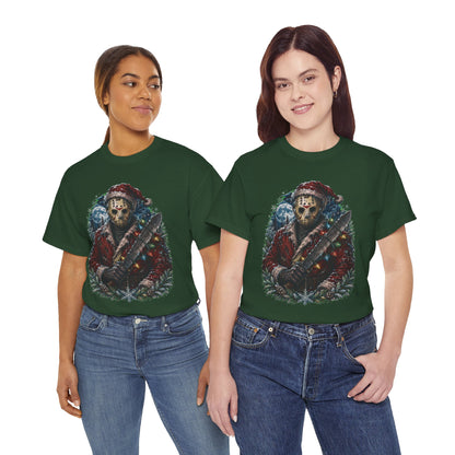 Horror Christmas Tee — Jason Holiday Killer Mask with Festive Machete
