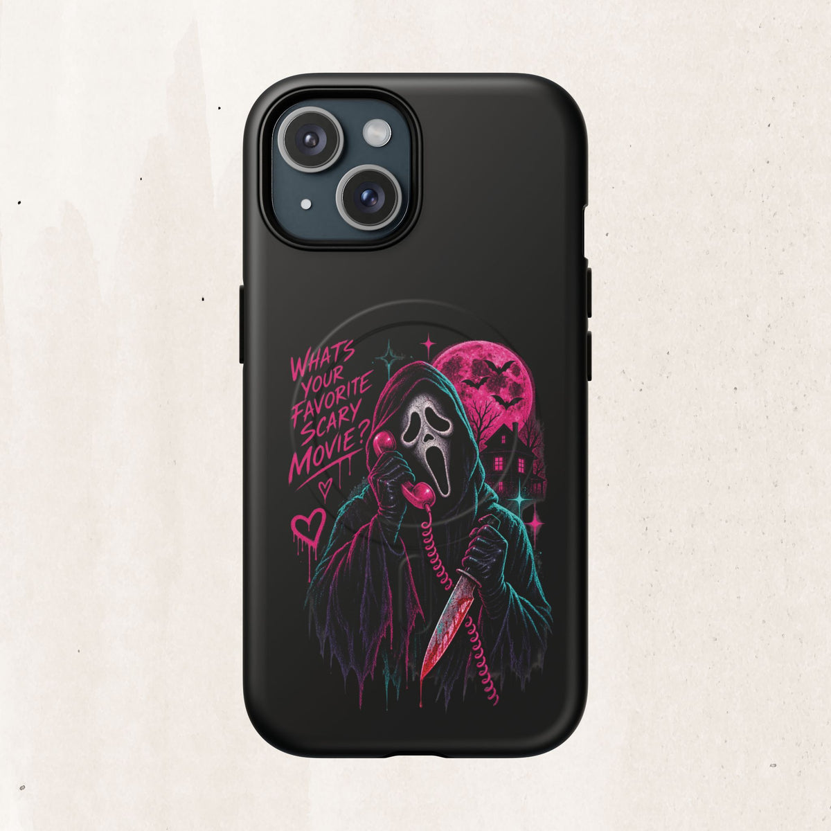 Magnetic Phone Case — Neon 'What's Your Favorite Scary Movie?' Horror Design