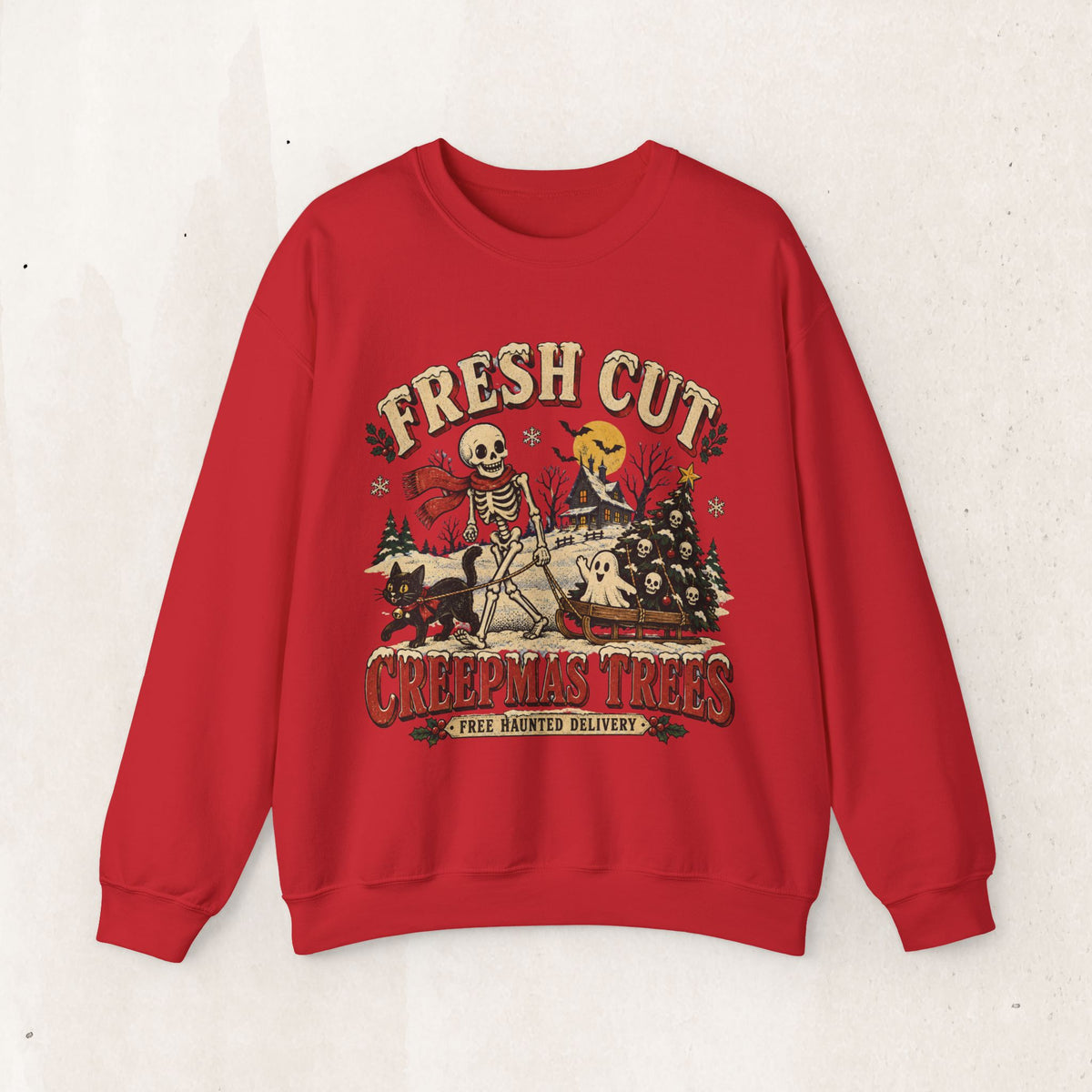 Fresh Cut Creepy Christmas Trees Halloween Sweatshirt, Skeleton Christmas Tree Crewneck