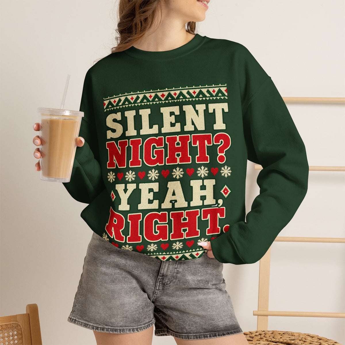 Silent Night? Yeah Right Christmas Crewneck Sweatshirt in Red, alternate view
