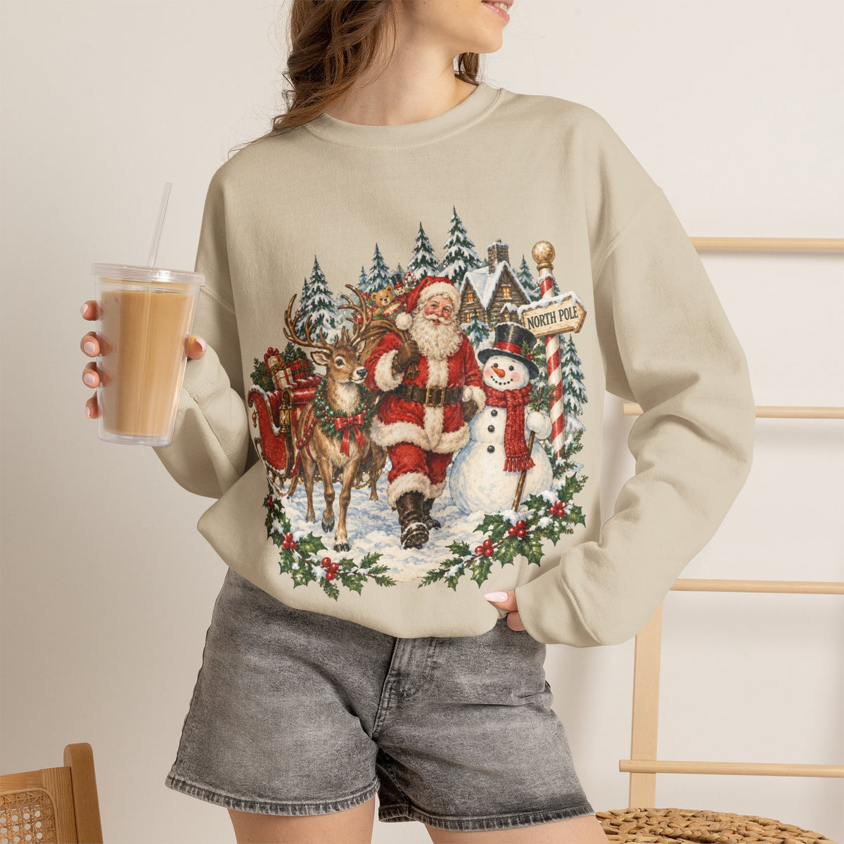 Santa and snowman vintage woodland Christmas sweatshirt