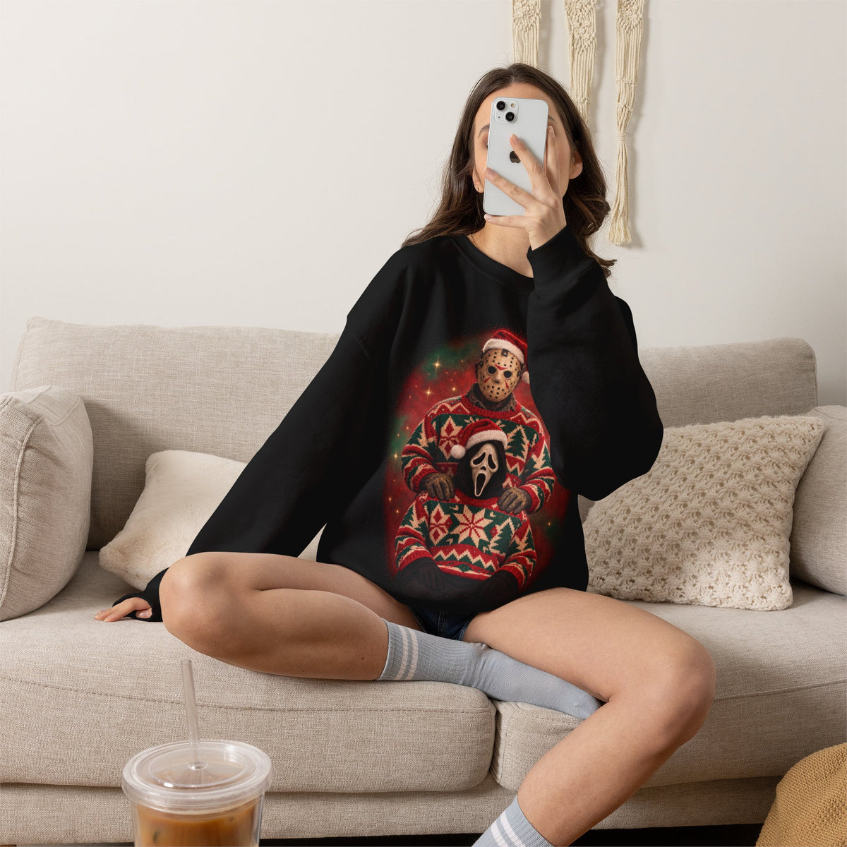 Ghostface and Jason 80s glamour portrait horror Christmas sweatshirt