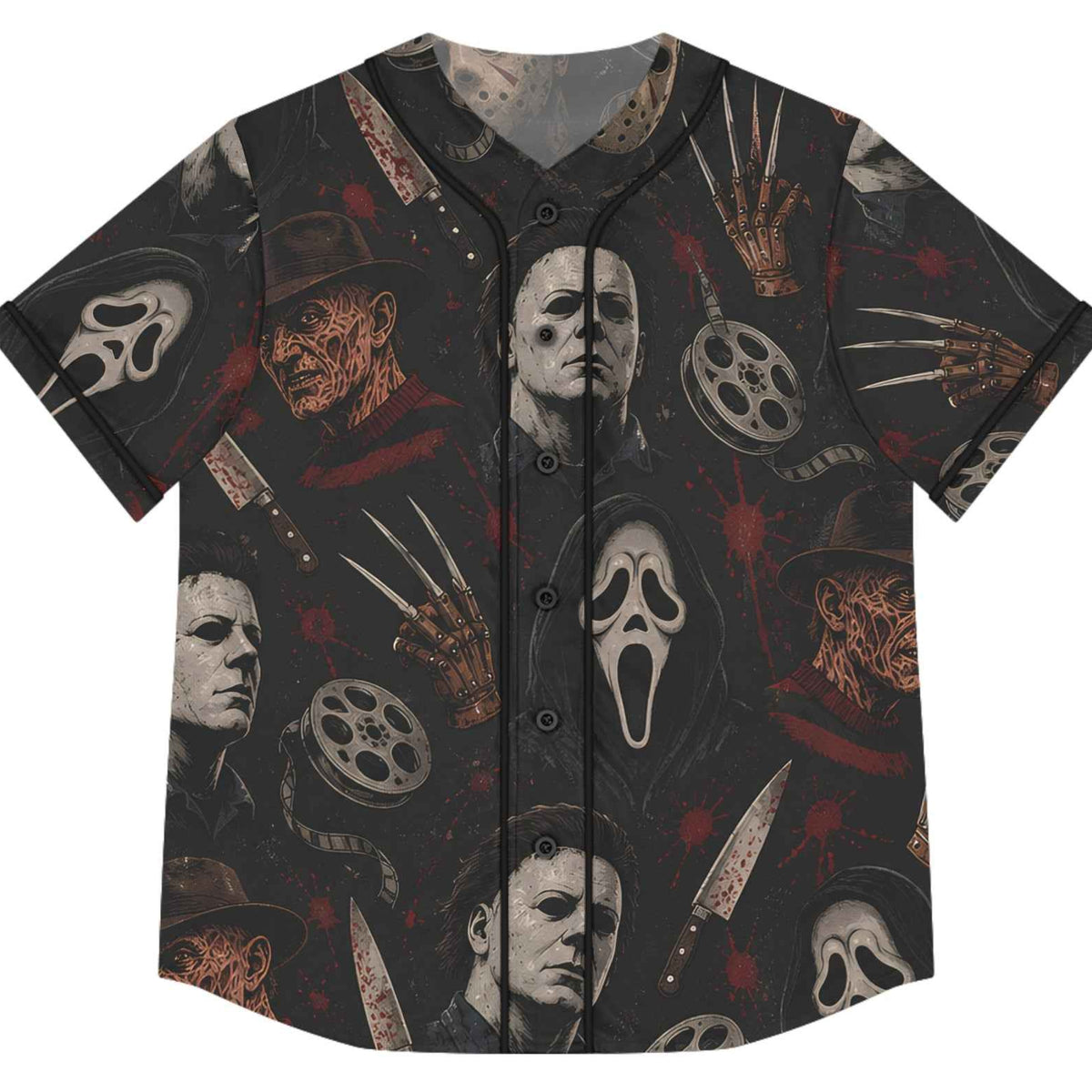 Horror Icons Baseball Jersey – All-Over Slasher Collage – Black