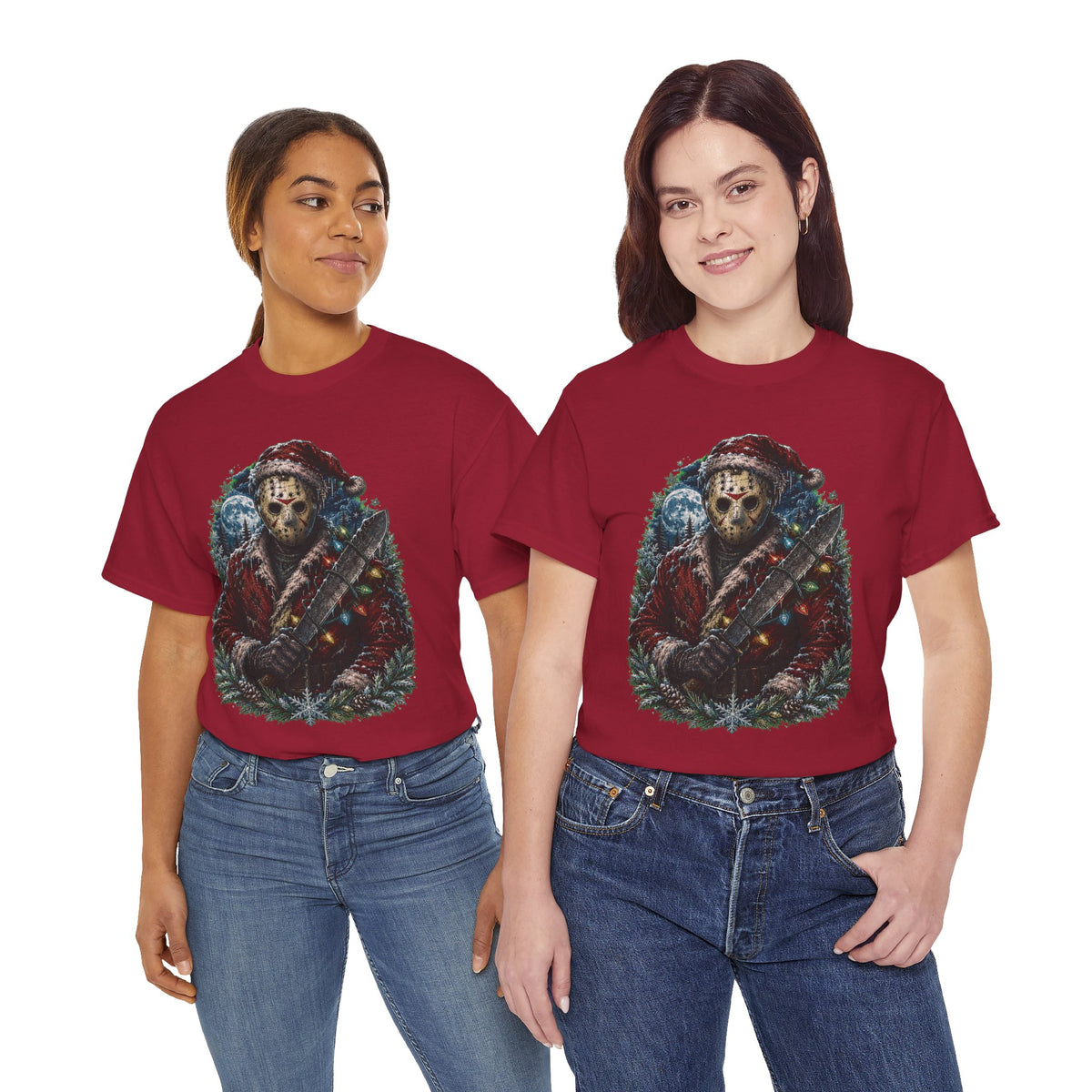 Horror Christmas Tee — Jason Holiday Killer Mask with Festive Machete