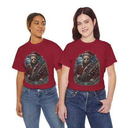 Horror Christmas Tee — Jason Holiday Killer Mask with Festive Machete