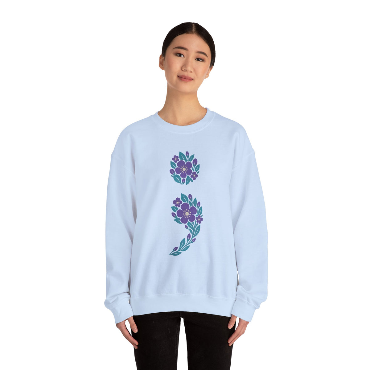 Floral semicolon suicide awareness crewneck sweatshirt in light blue
