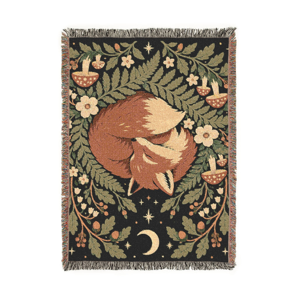 Fox Moon Woven Blanket — Cozy Floral Woodland Throw Printify