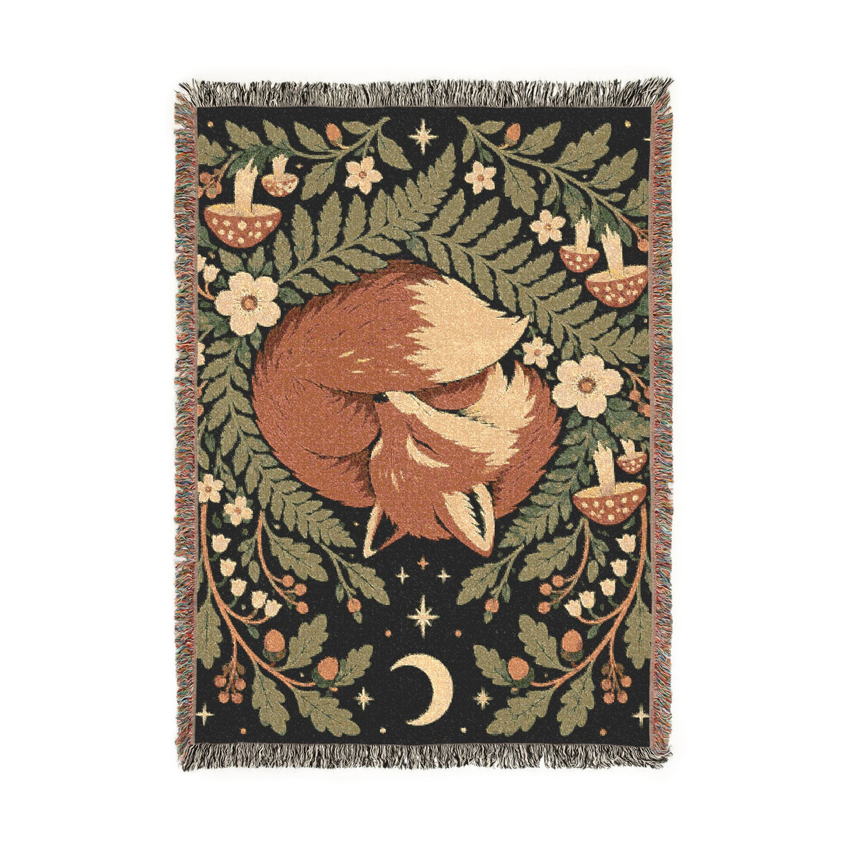 Fox Moon Woven Blanket — Cozy Floral Woodland Throw Printify