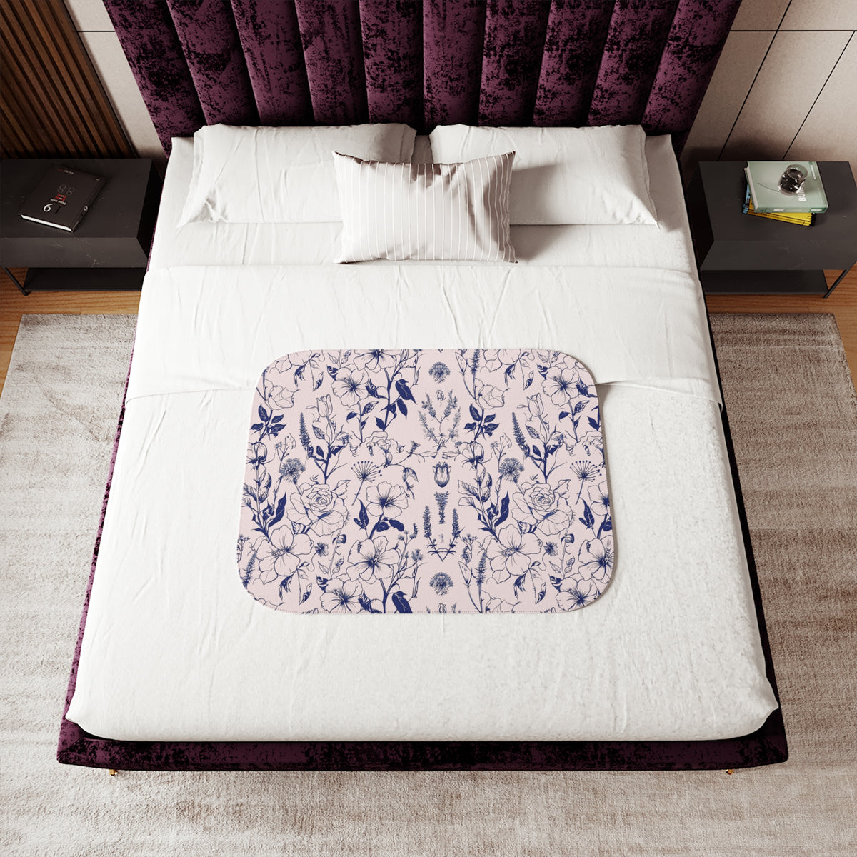 Navy Botanical Sherpa Blanket