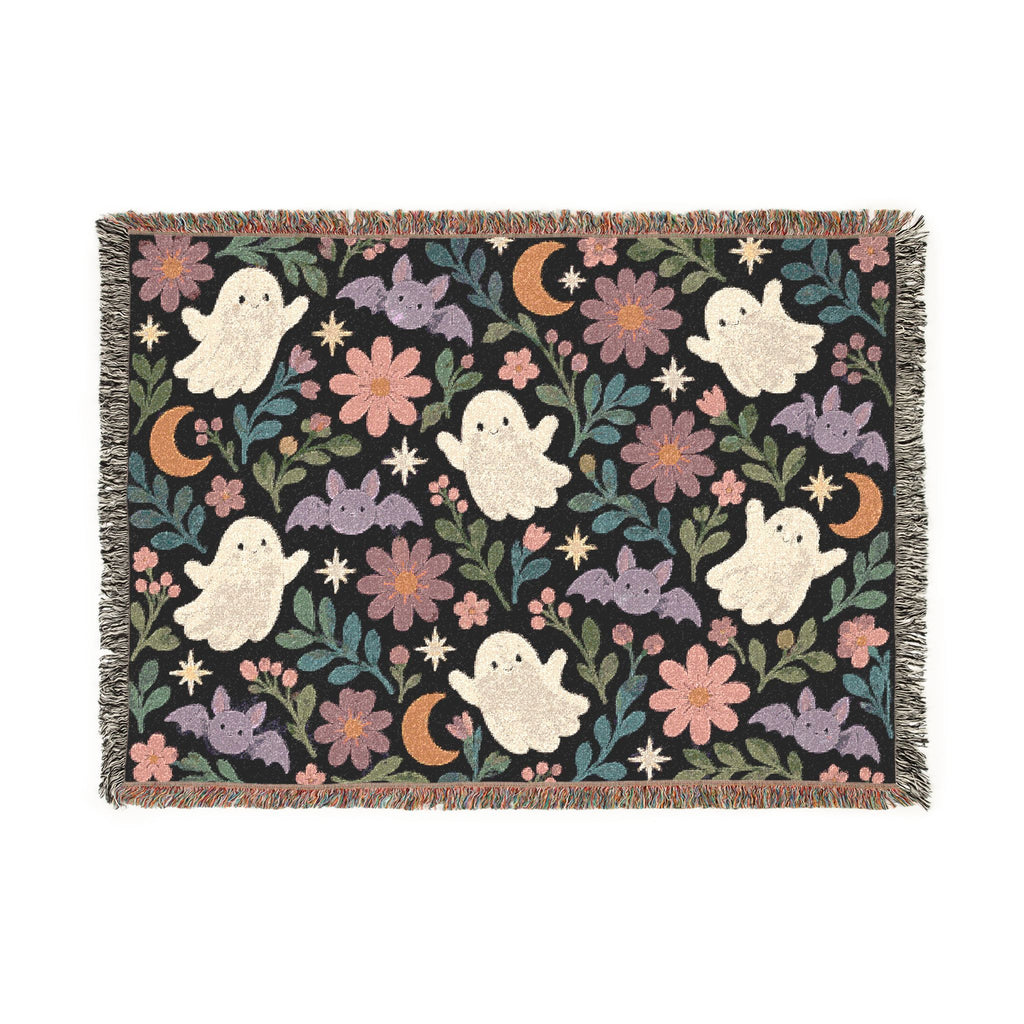 Spooky Ghosts and Floral Moon Woven Blanket Printify