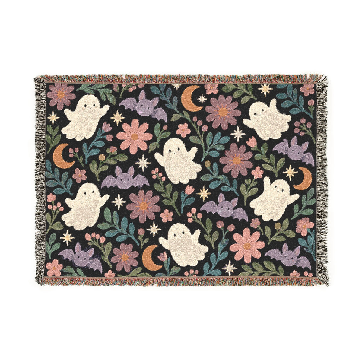 Spooky Ghosts and Floral Moon Woven Blanket Printify
