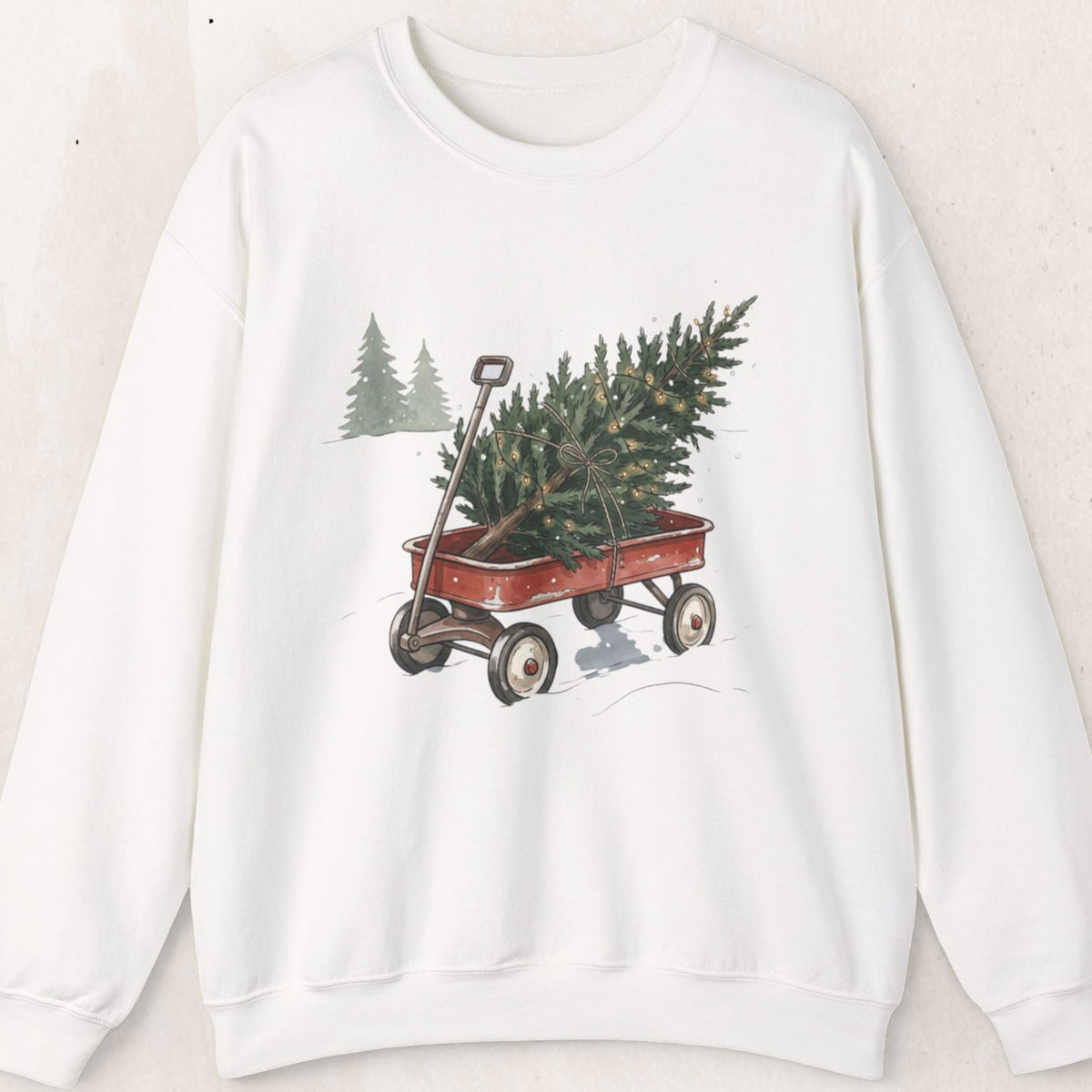 Vintage Christmas Tree Wagon Sweatshirt – Red Wagon Crewneck – White