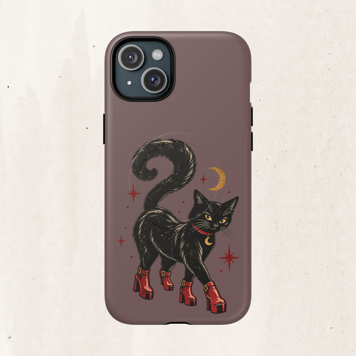 Magnetic Phone Case — Black Cat in Red Boots Design