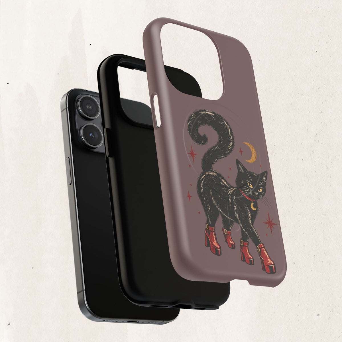 Magnetic Phone Case — Black Cat in Red Boots Design