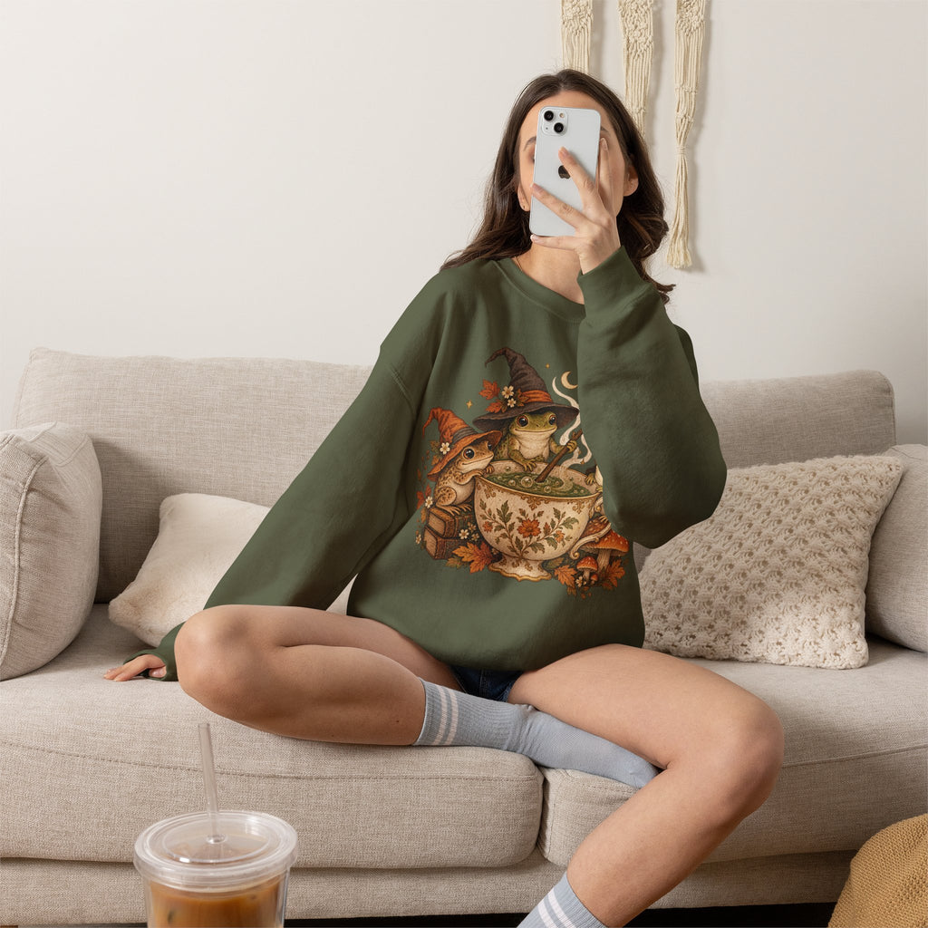 Cozy Witch Frog Tea Crewneck Sweatshirt