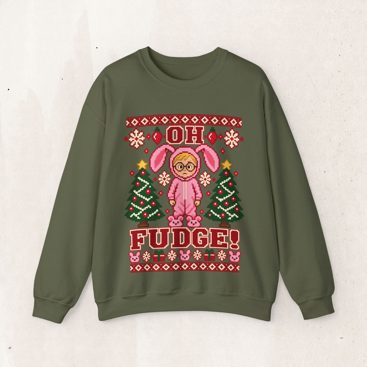 Oh Fudge A Christmas Story Sweatshirt – Fair Isle Bunny Crew – Military Green