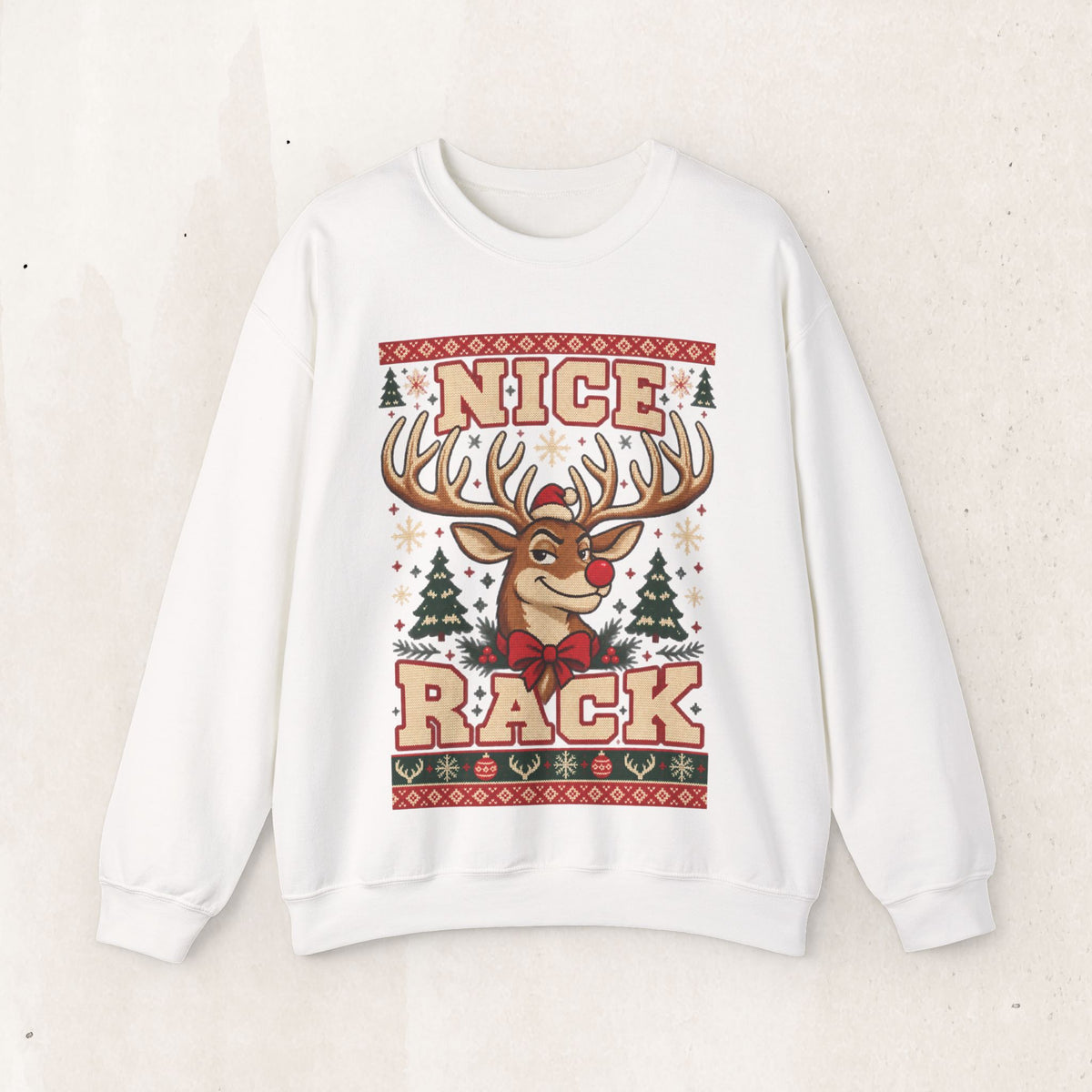 Nice Rack Reindeer Christmas Sweatshirt – Funny Ugly Sweater – White