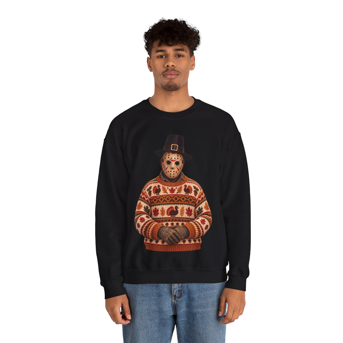 Jason Voorhees Thanksgiving horror crewneck sweatshirt in black