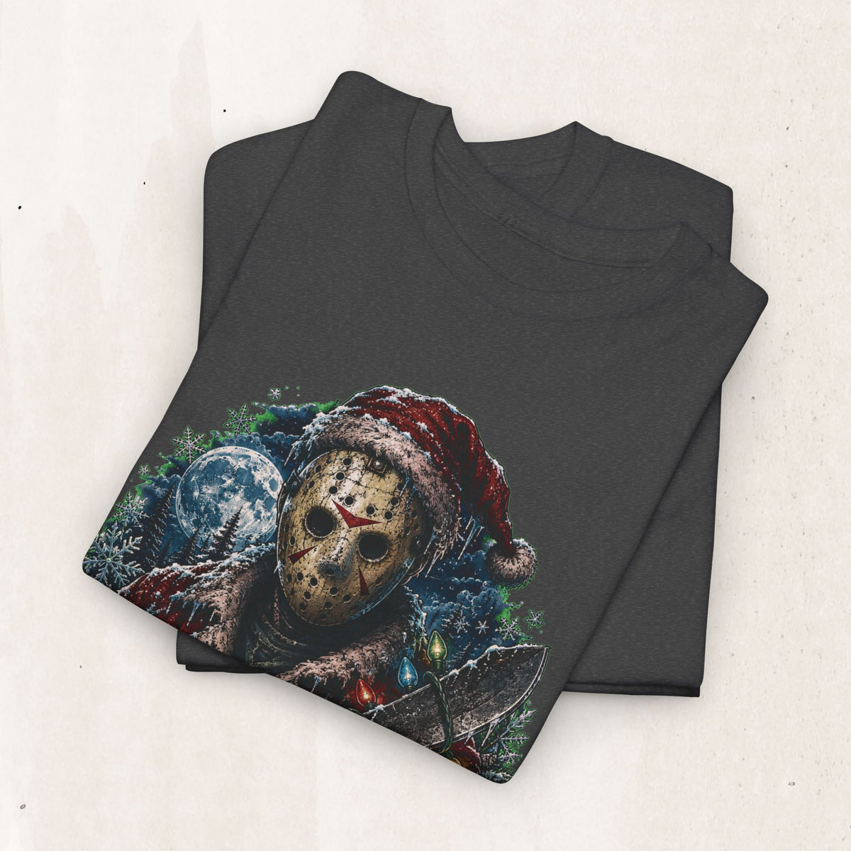 Horror Christmas Tee — Jason Holiday Killer Mask with Festive Machete