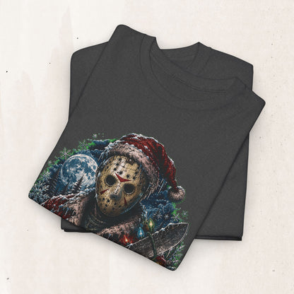 Horror Christmas Tee — Jason Holiday Killer Mask with Festive Machete