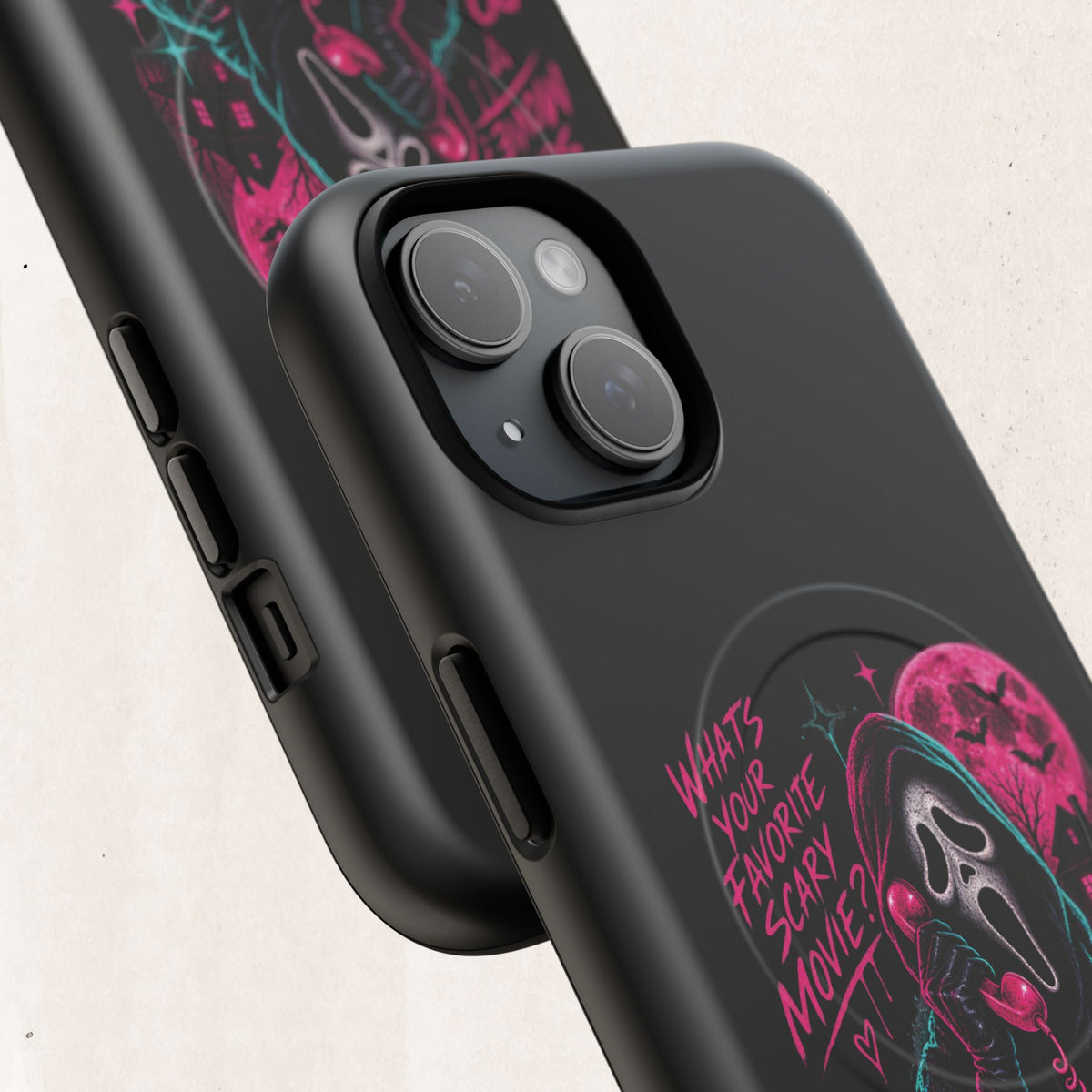 Magnetic Phone Case — Neon 'What's Your Favorite Scary Movie?' Horror Design