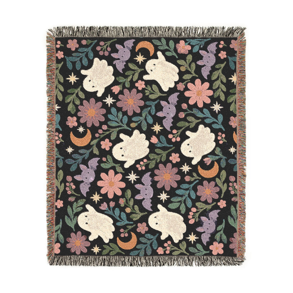 Spooky Ghosts and Floral Moon Woven Blanket Printify