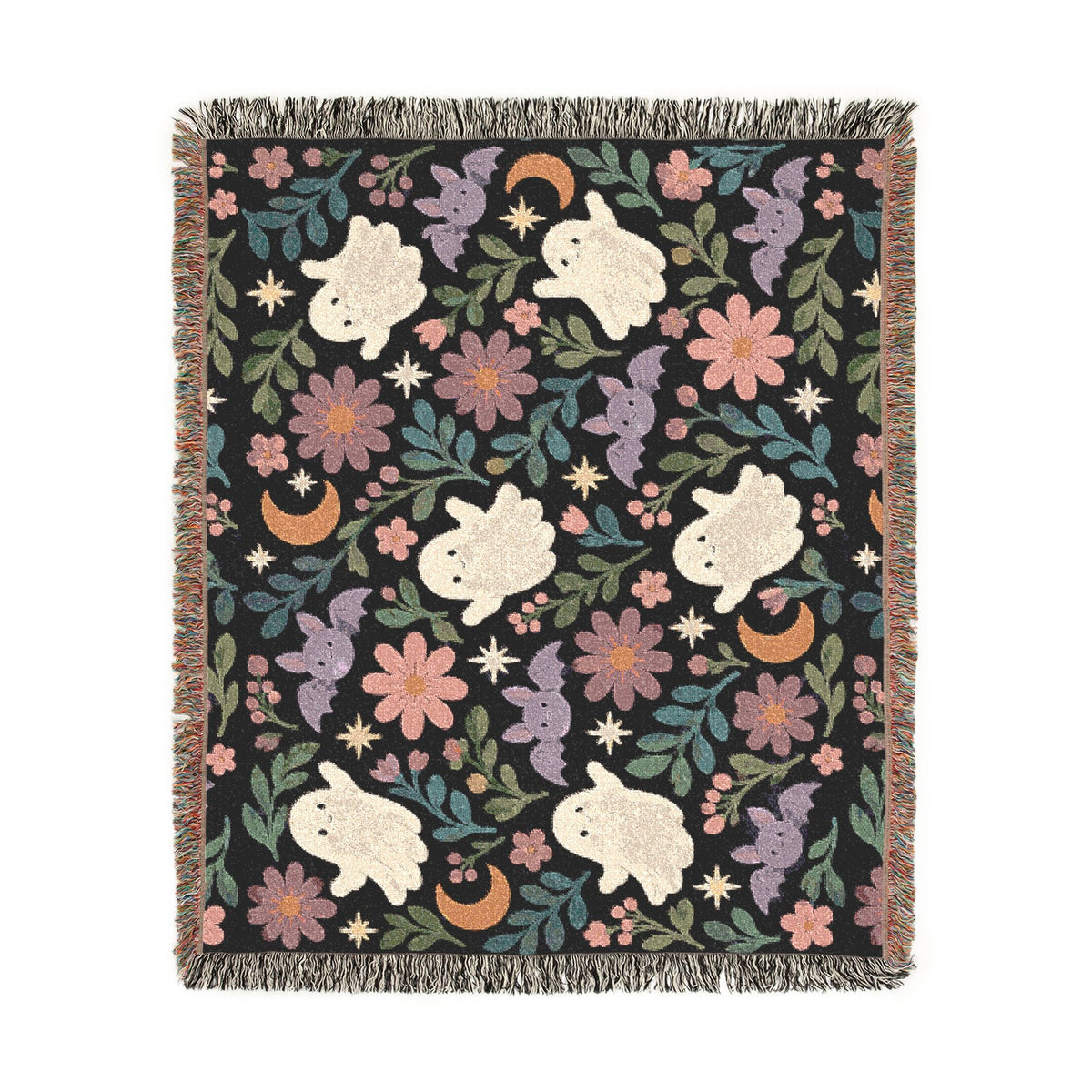Spooky Ghosts and Floral Moon Woven Blanket Printify