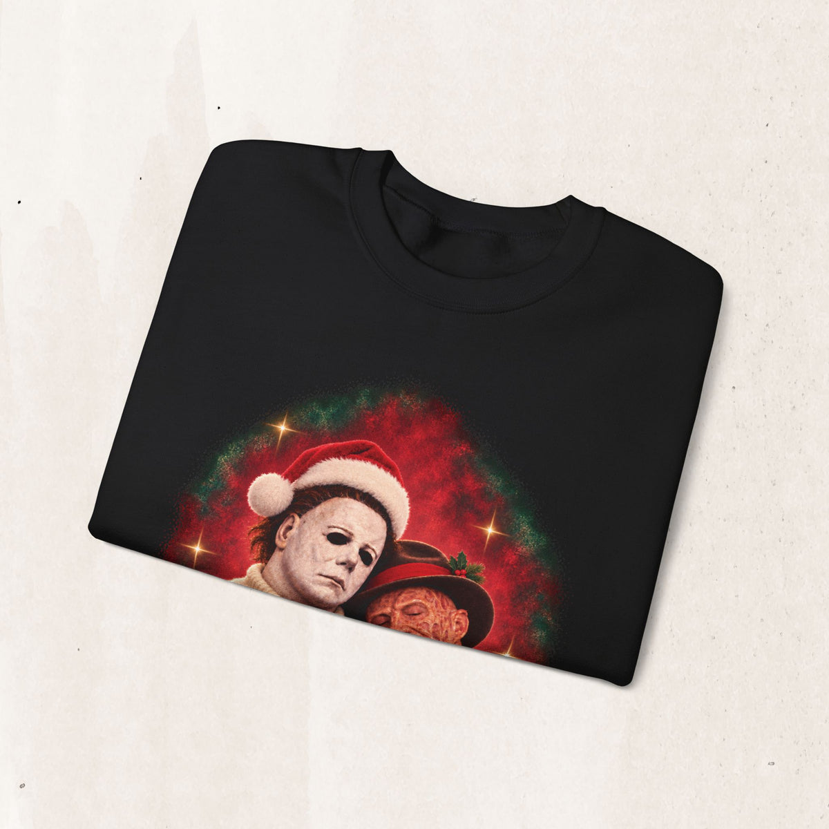 Freddy Krueger and Michael Myers 80s glamour portrait horror Christmas sweatshirt