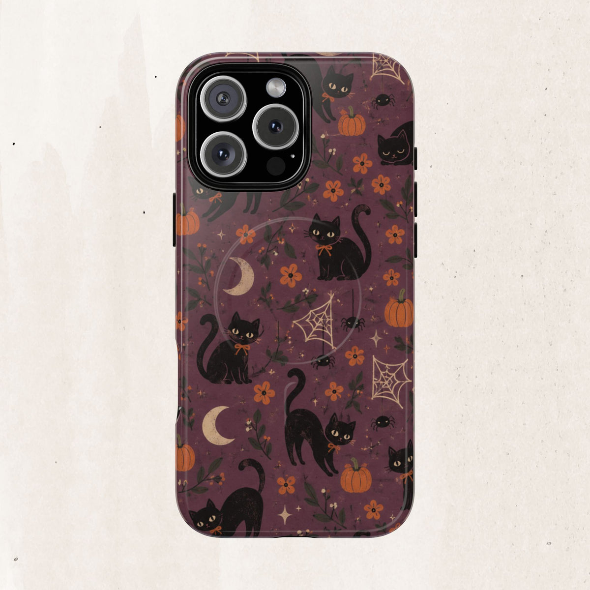 Halloween Black Cat Tough Magnetic Phone Case — Cute Spooky Pumpkins & Spiderwebs