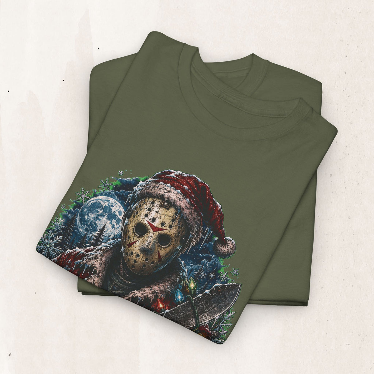 Horror Christmas Tee — Jason Holiday Killer Mask with Festive Machete