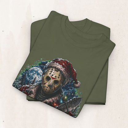 Horror Christmas Tee — Jason Holiday Killer Mask with Festive Machete
