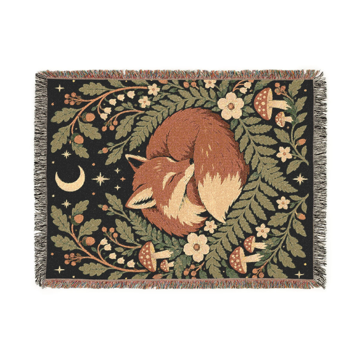 Fox Moon Woven Blanket — Cozy Floral Woodland Throw Printify