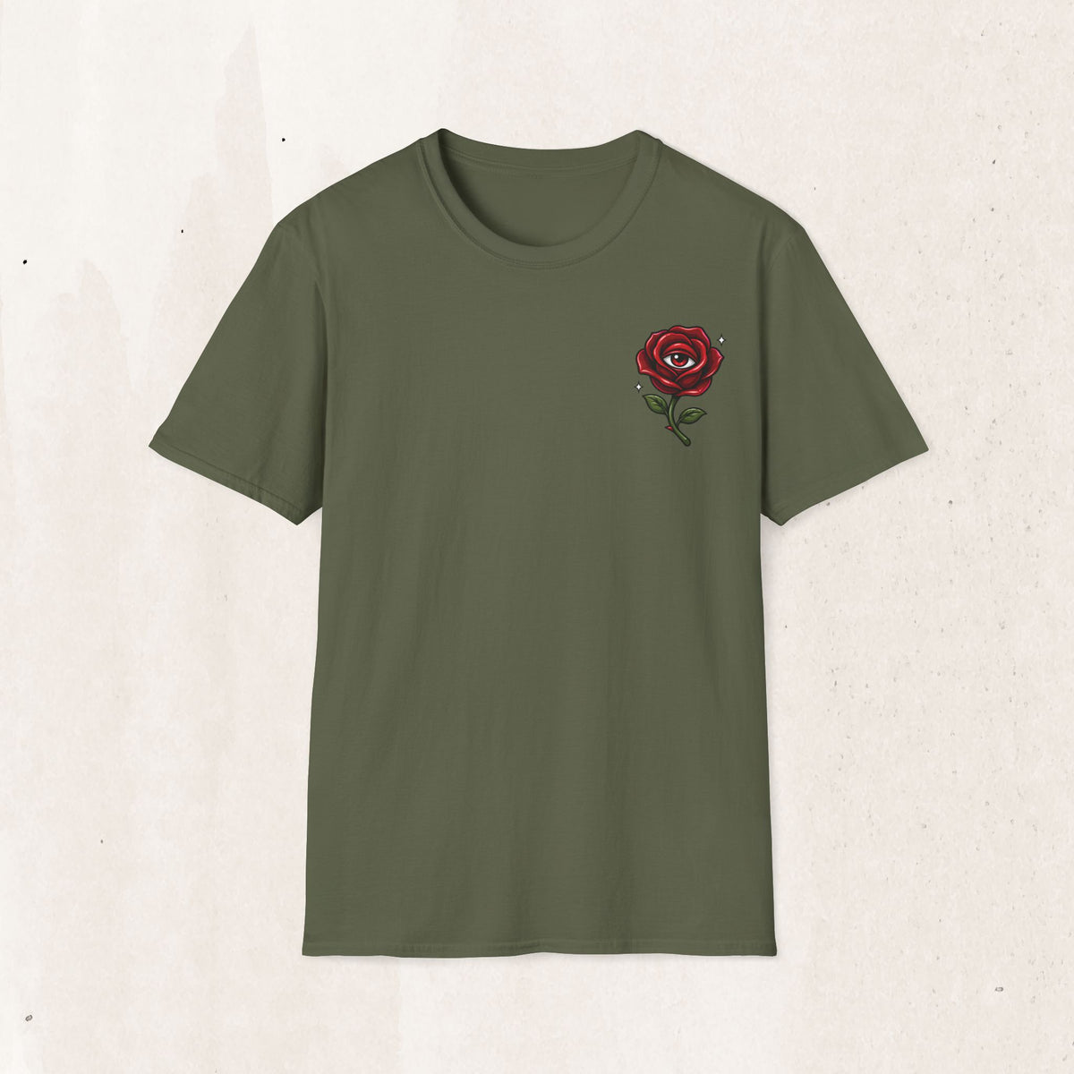 Red Rose Graphic Tee – Minimal Floral Shirt – Military Green