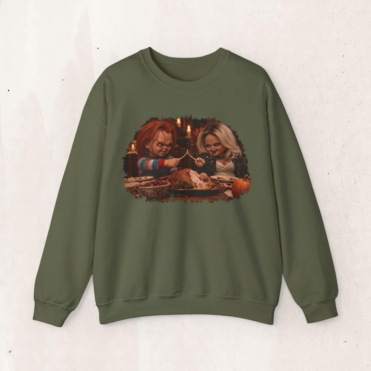 Chucky & Tiffany Thanksgiving wishbone sweatshirt in Military Green, front view