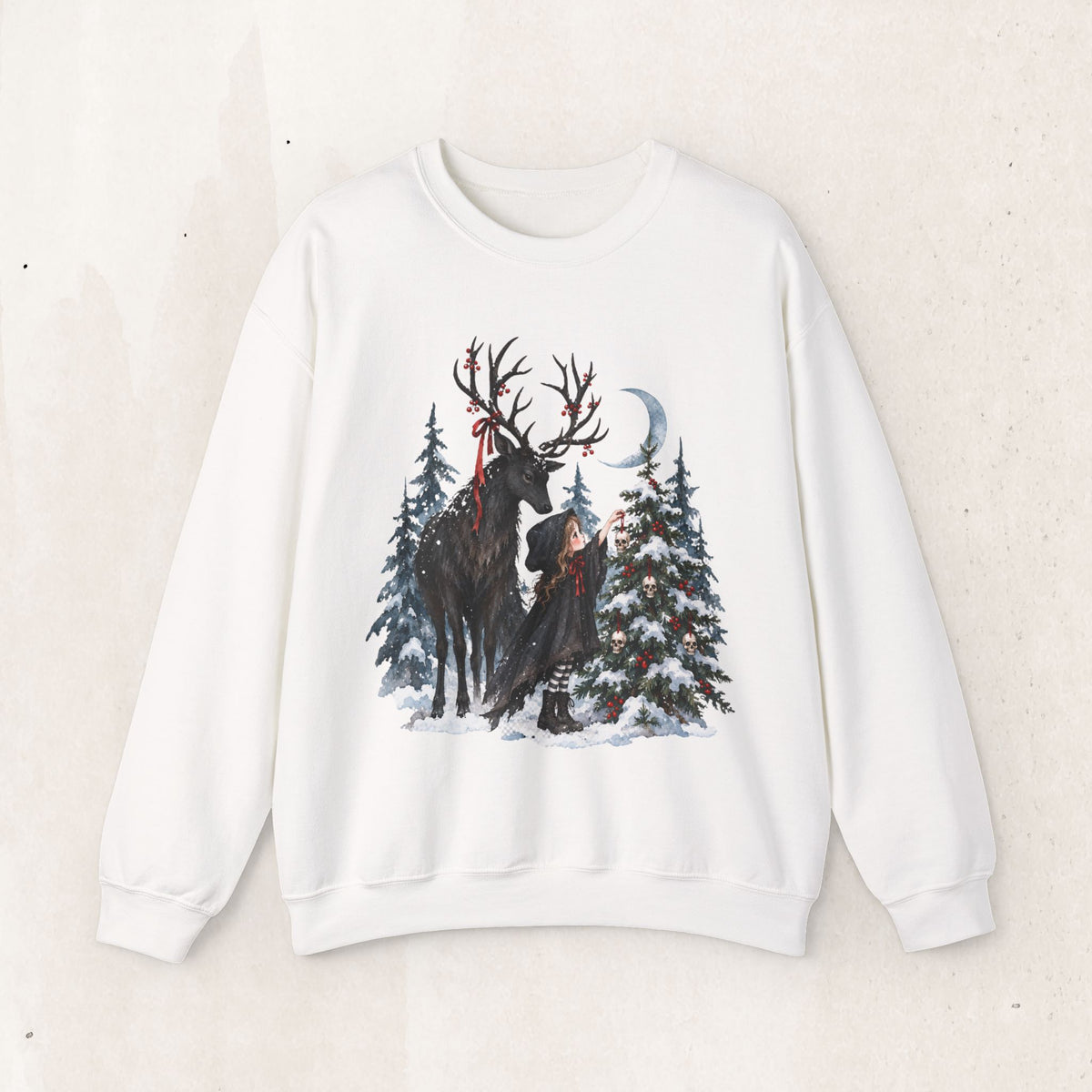 Winter Forest Deer and Moon Sweatshirt, Moonlit Stag Crewneck