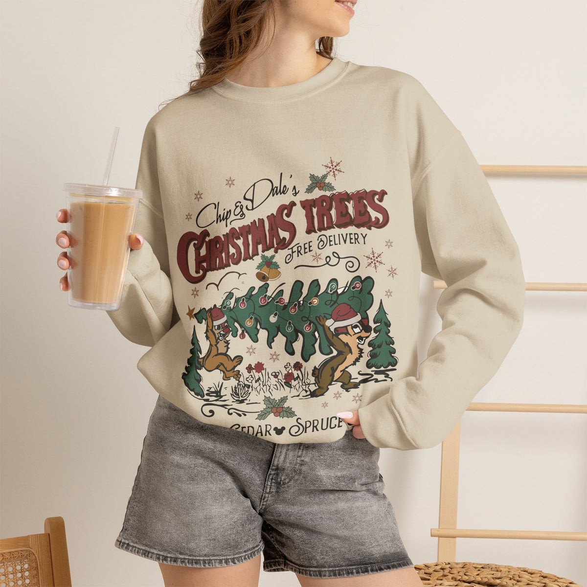 Chip&Dale Christmas Trees Holiday Crewneck Sweatshirt in Sand, alternate view