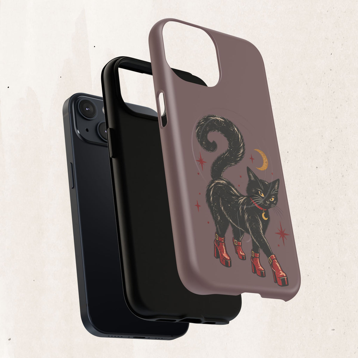 Magnetic Phone Case — Black Cat in Red Boots Design