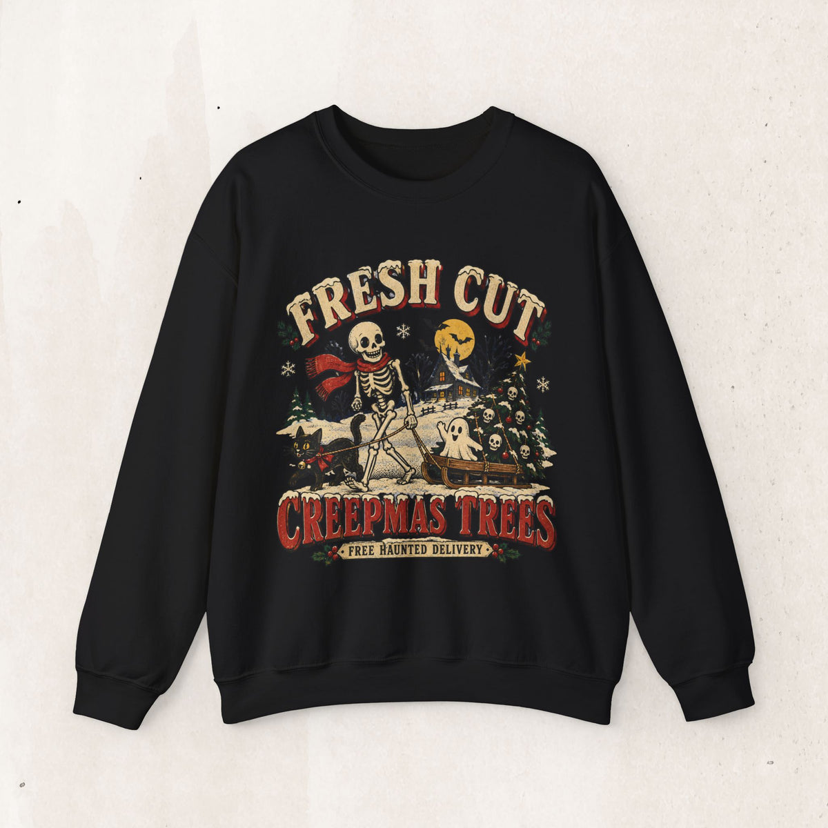 Fresh Cut Creepy Christmas Trees Halloween Sweatshirt, Skeleton Christmas Tree Crewneck