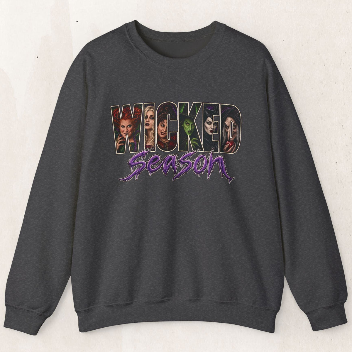 Wicked Season Sweatshirt – Gothic Collage Lettering Crewneck – Dark Heather