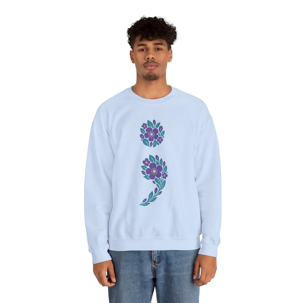 Floral semicolon suicide awareness crewneck sweatshirt in light blue