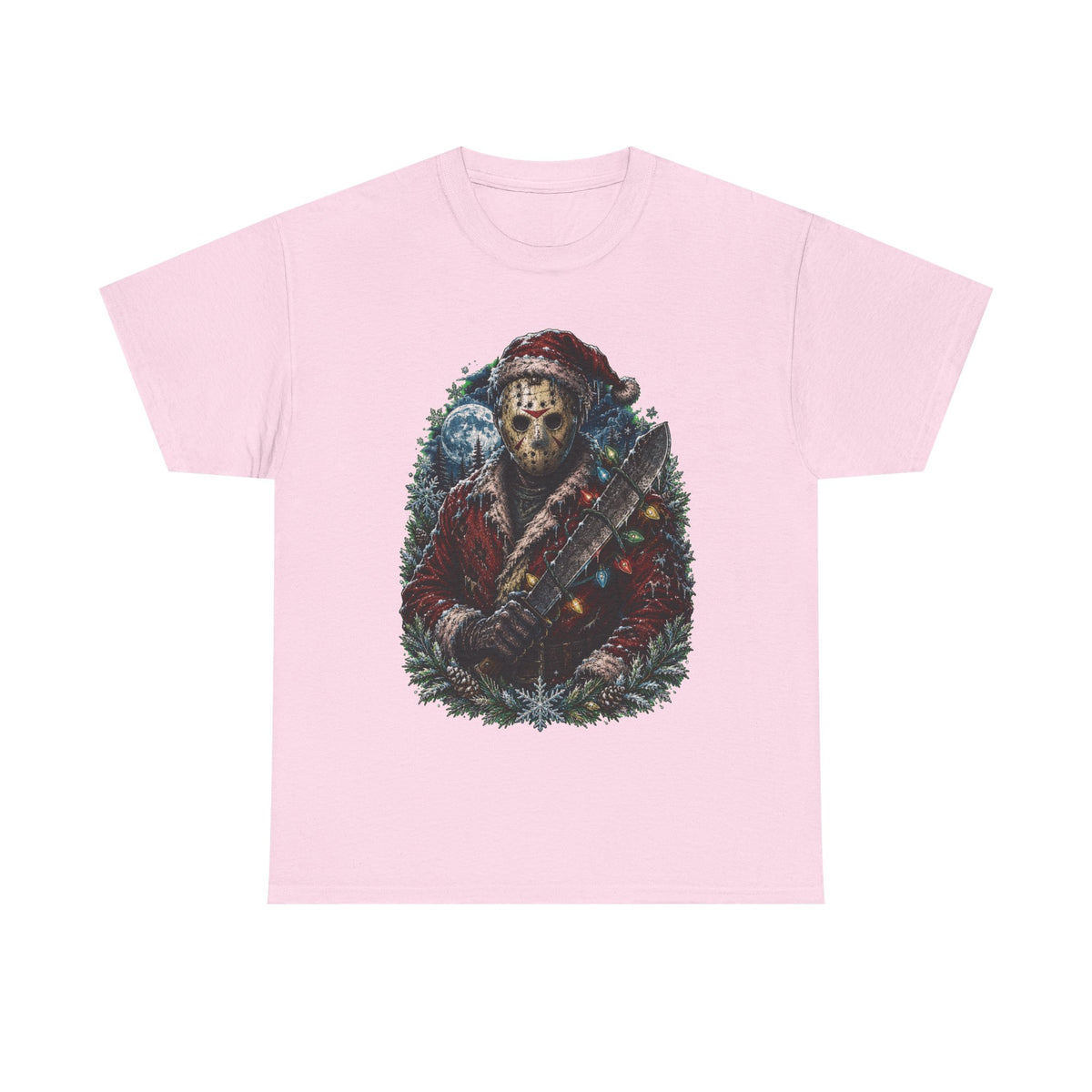 Horror Christmas Tee — Jason Holiday Killer Mask with Festive Machete