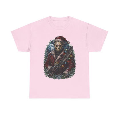 Horror Christmas Tee — Jason Holiday Killer Mask with Festive Machete