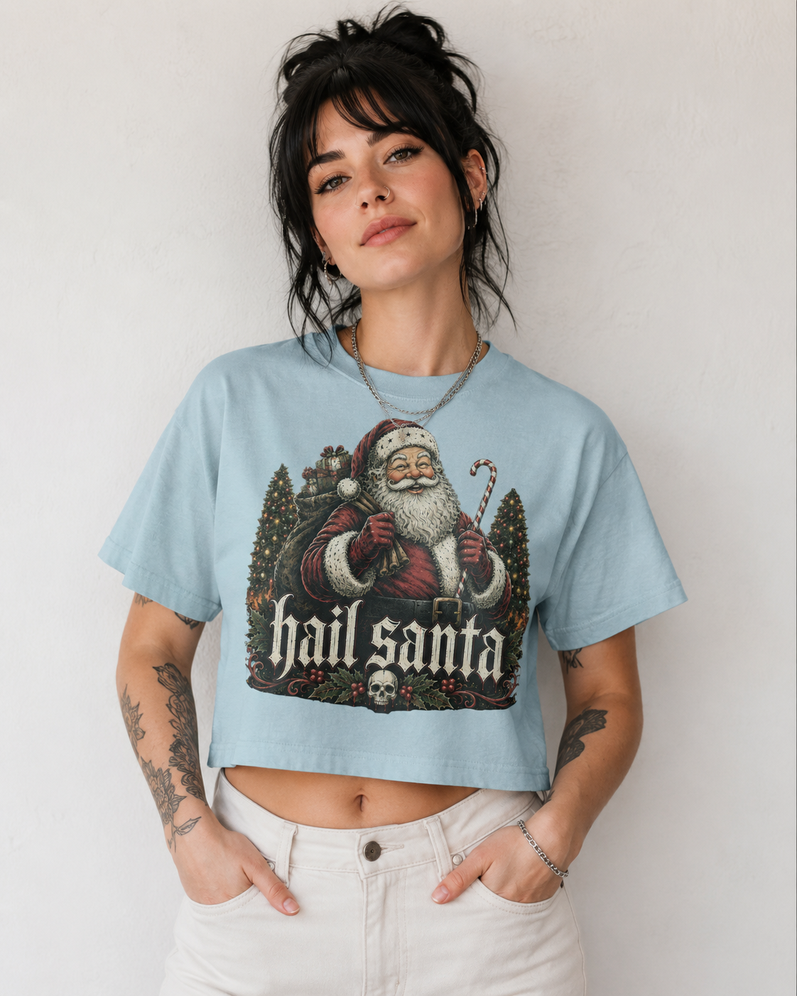 Hail Santa Cropped T-Shirt | Vintage Santa Illustration, Gothic Holiday Printify