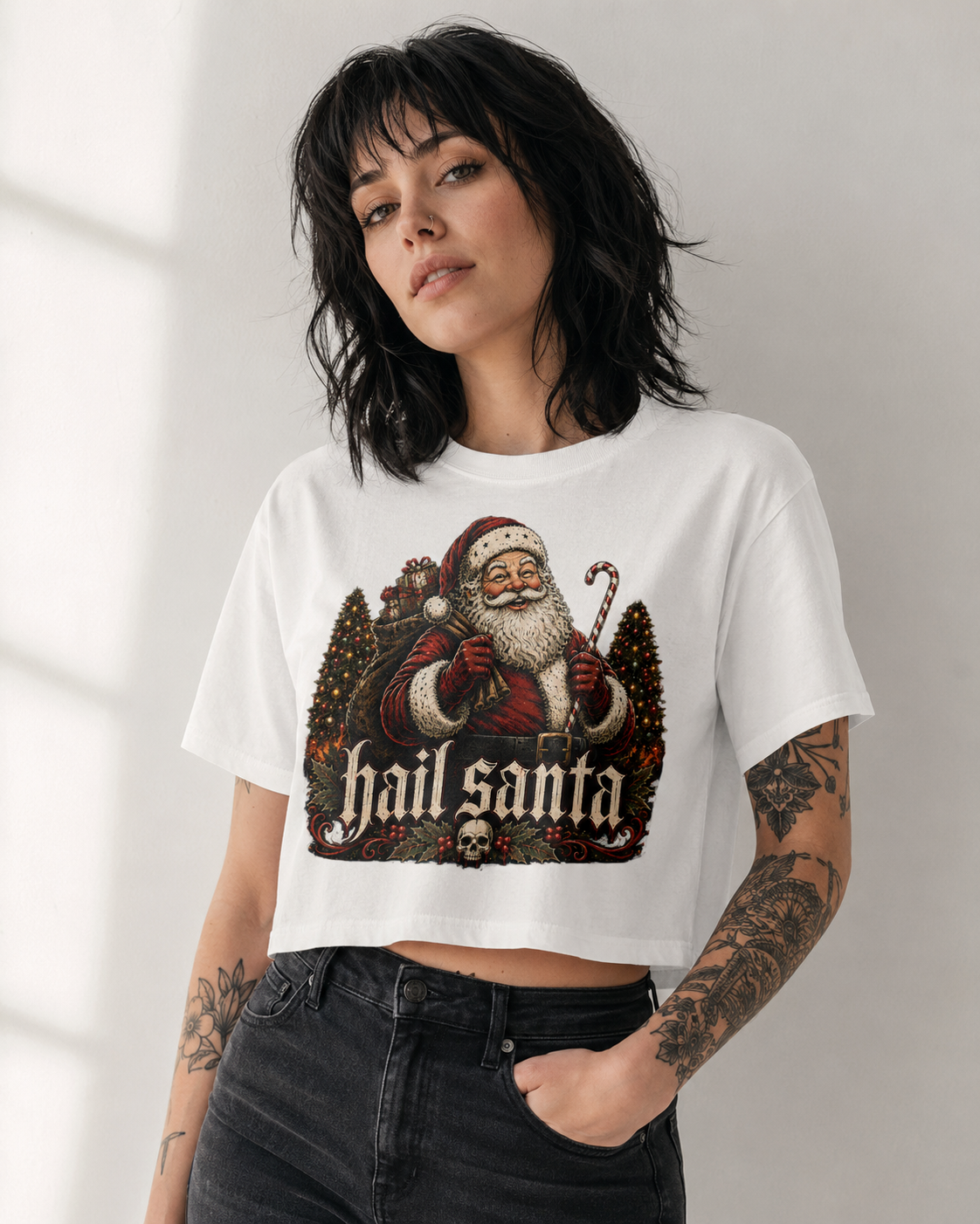 Hail Santa Cropped T-Shirt | Vintage Santa Illustration, Gothic Holiday Printify