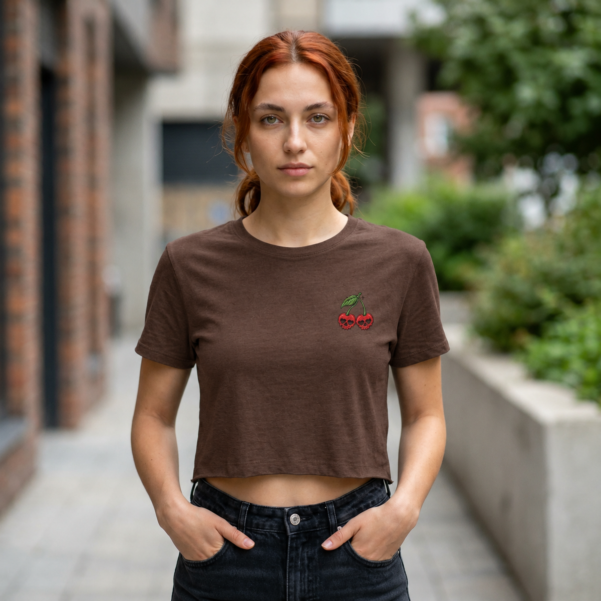 Embroidered Cherry Skulls Crop Tee | Baby Tee