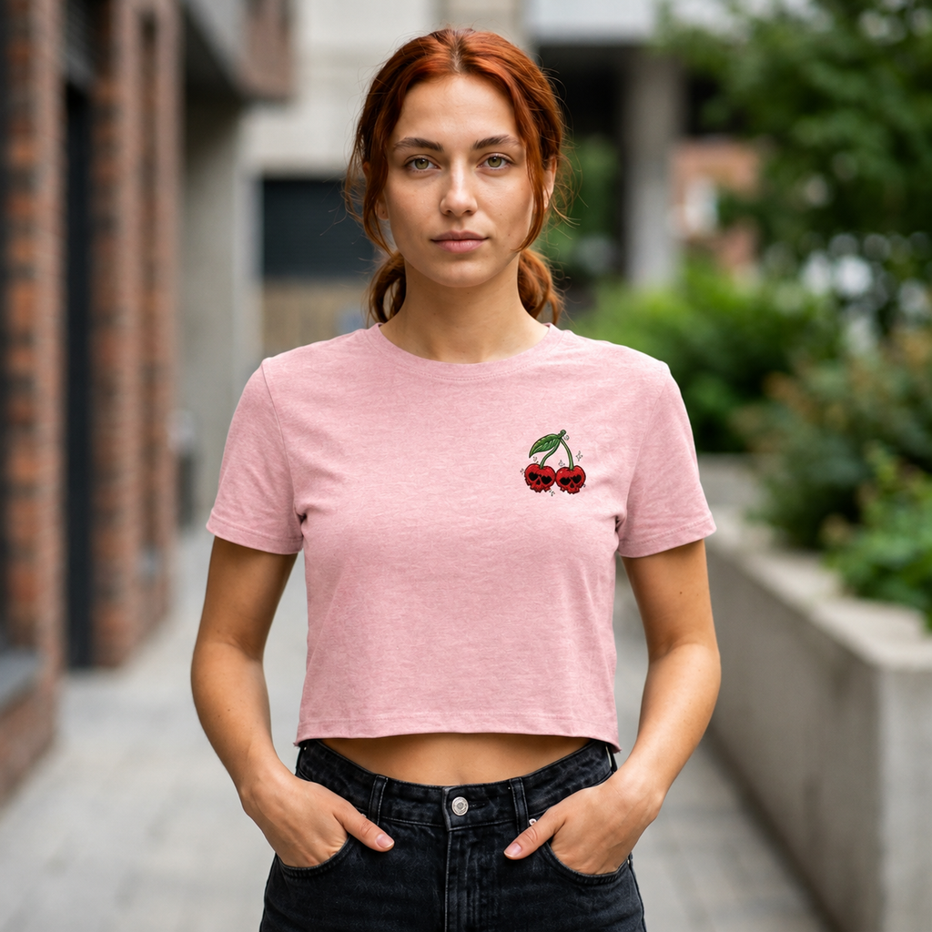 Embroidered Cherry Skulls Crop Tee | Baby Tee