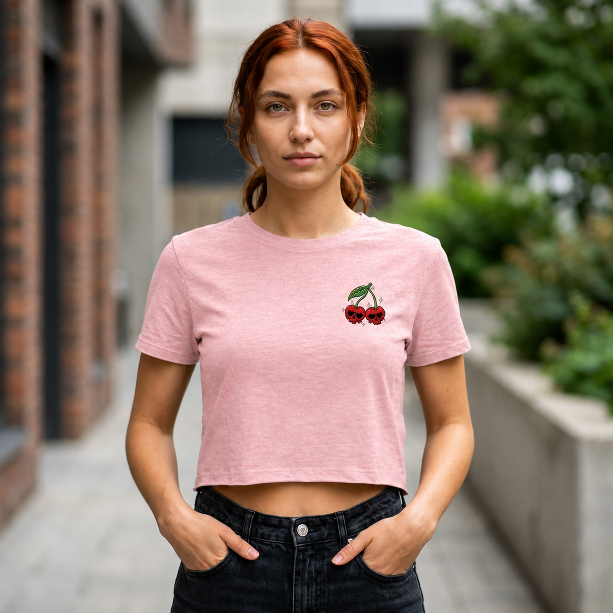 Embroidered Cherry Skulls Crop Tee | Baby Tee