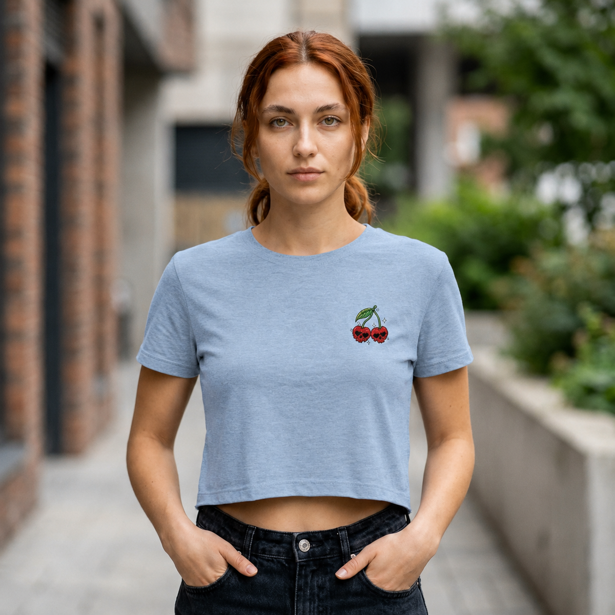 Embroidered Cherry Skulls Crop Tee | Baby Tee