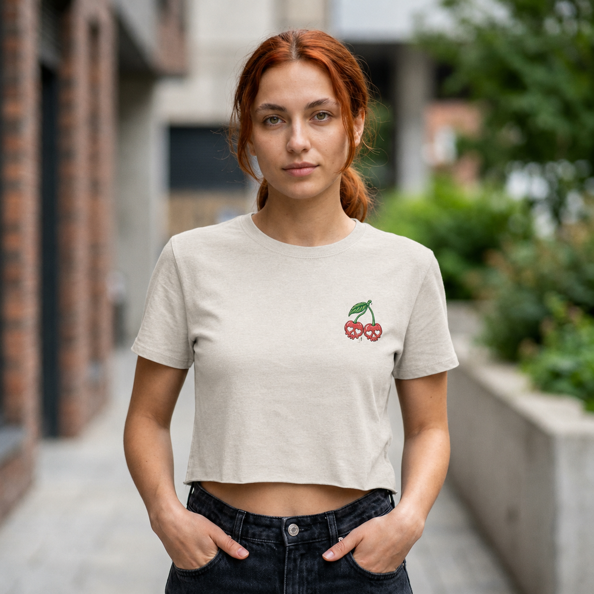 Embroidered Cherry Skulls Crop Tee | Baby Tee