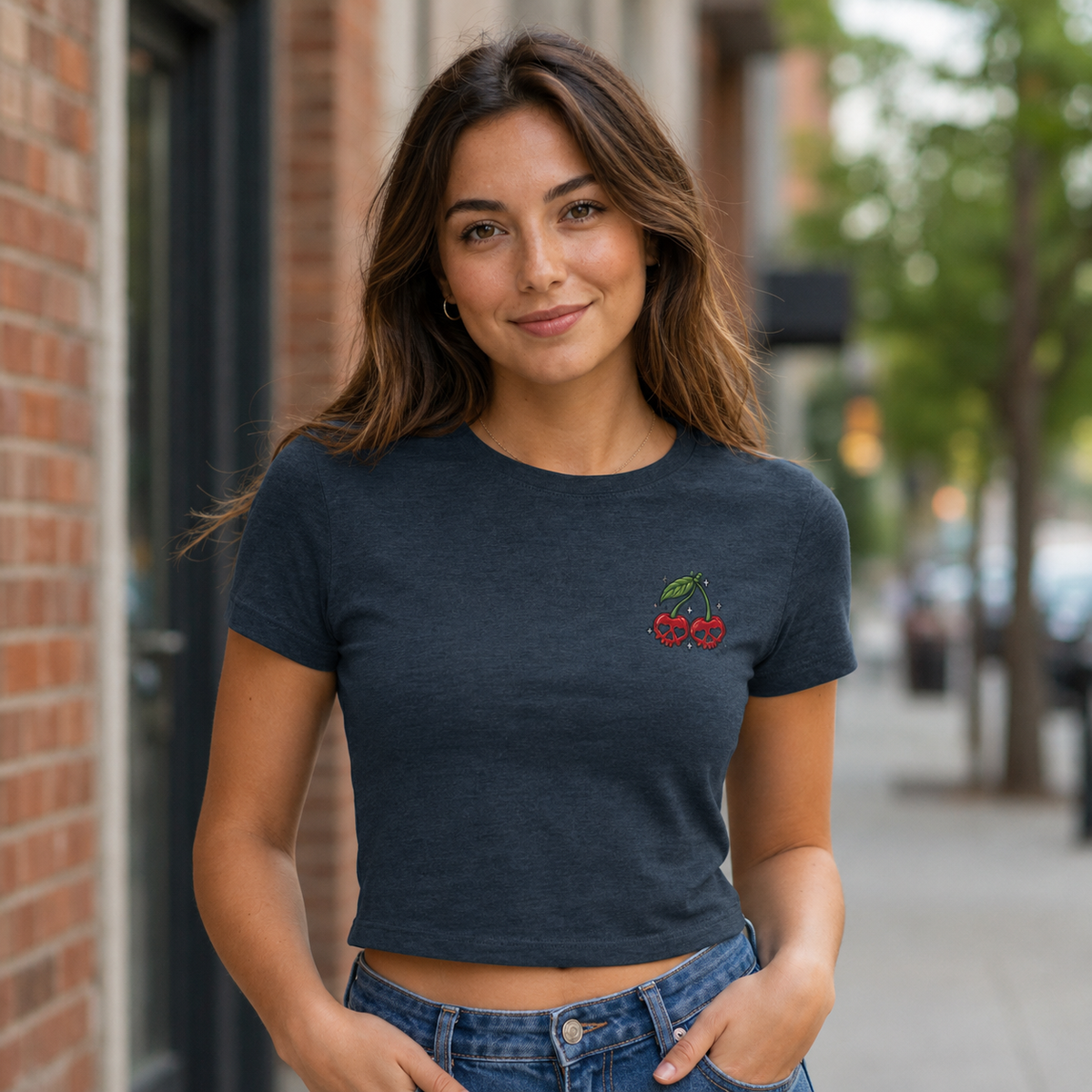 Embroidered Cherry Skulls Crop Tee | Baby Tee